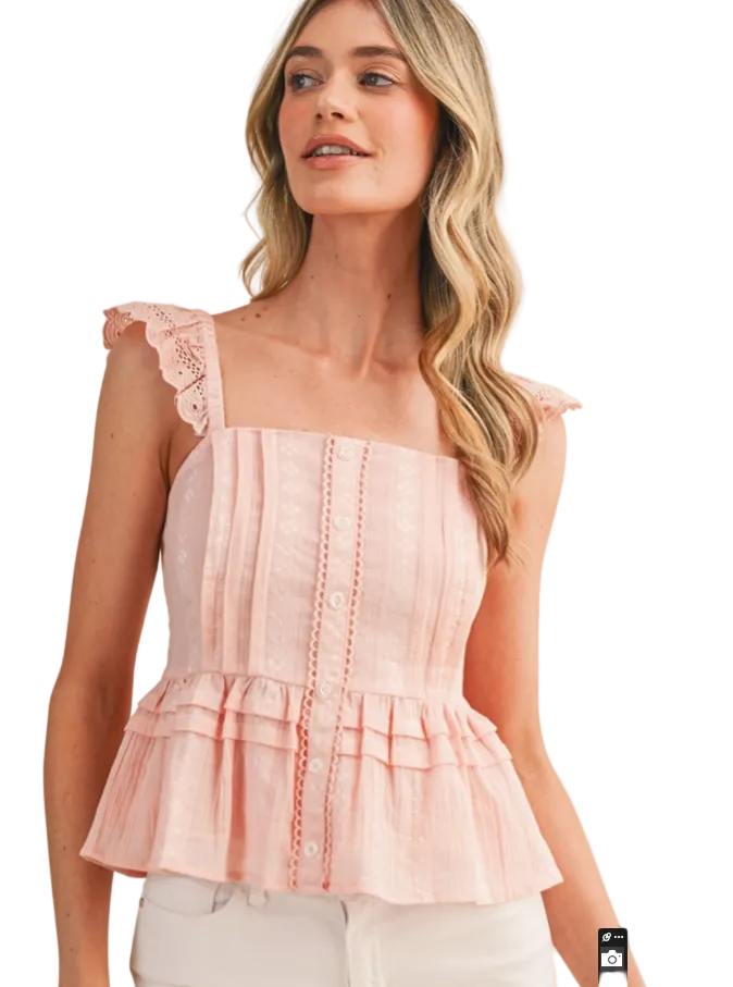 EYELET FLUTTER SLEEVE TOP