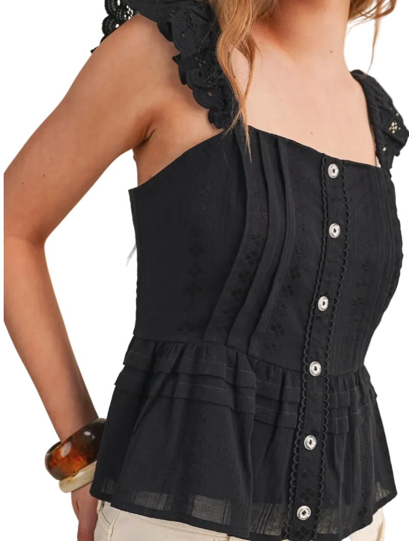 EYELET FLUTTER SLEEVE TOP