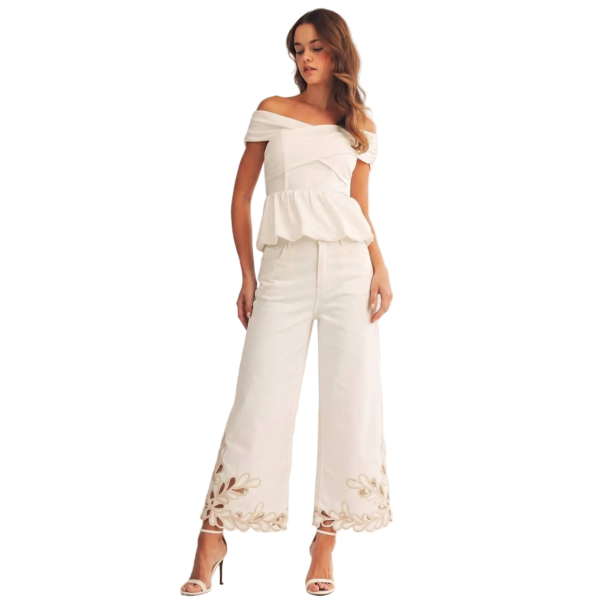 ELEGANT FLORAL EMBROIDERED HEM WIDE LEG PANTS