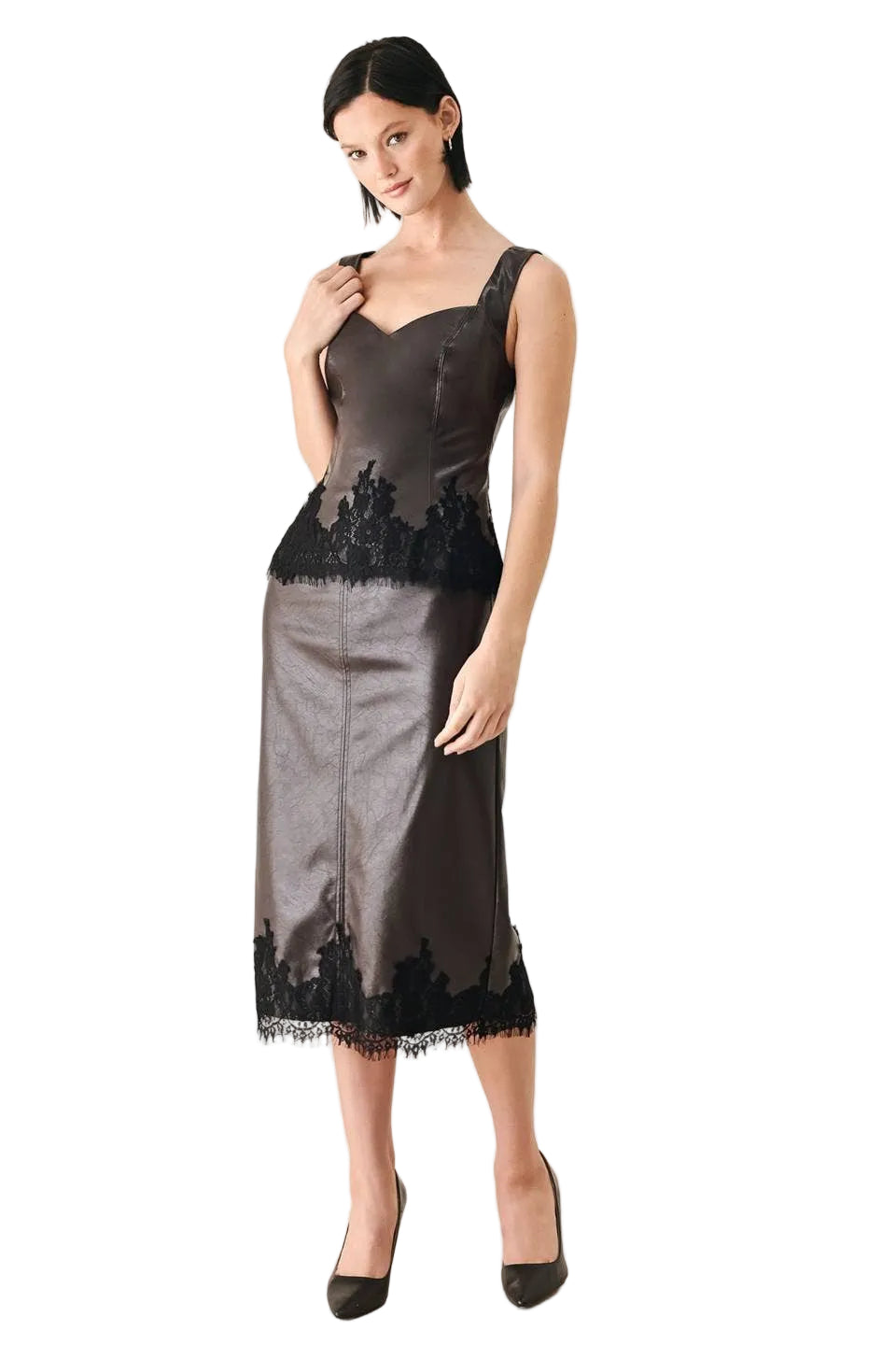 FAUX LEATHER SKIRT WITH LACE HEMLINE