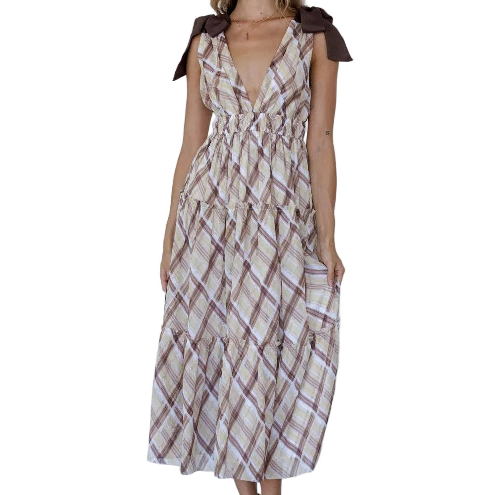 BROWN YELLOW PLAID BOW SHOULDER MAXI DRESS
