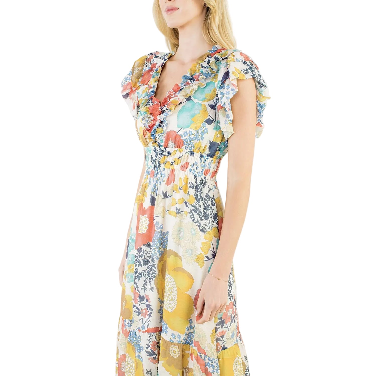 FLUTTER SLEEVE FLORAL PATTERN TIERED DRESS