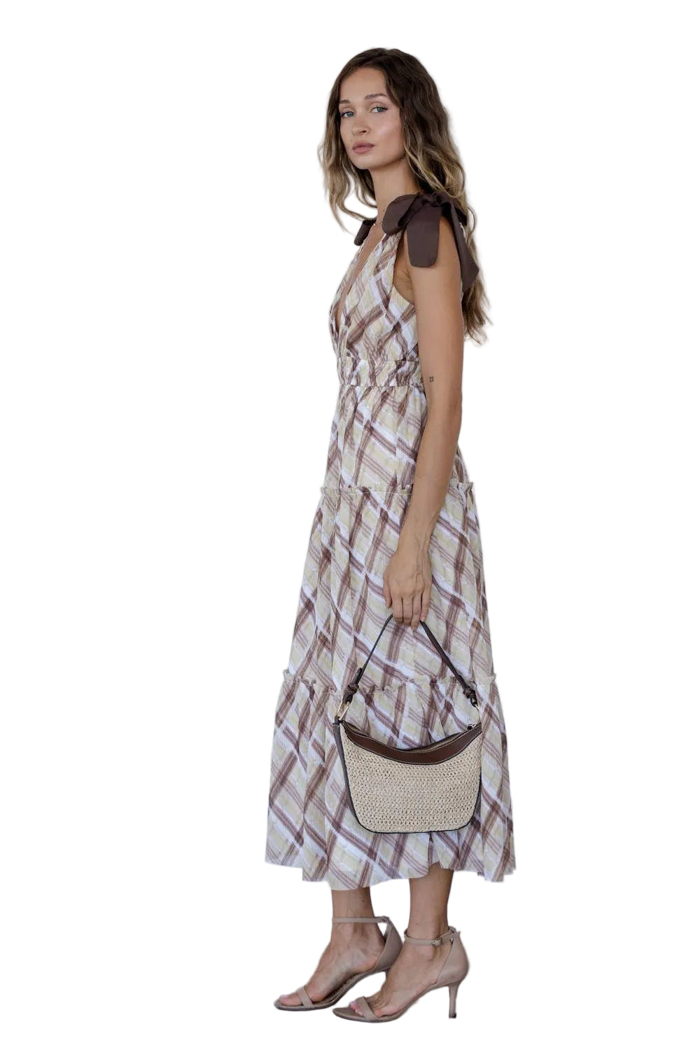 BROWN YELLOW PLAID BOW SHOULDER MAXI DRESS