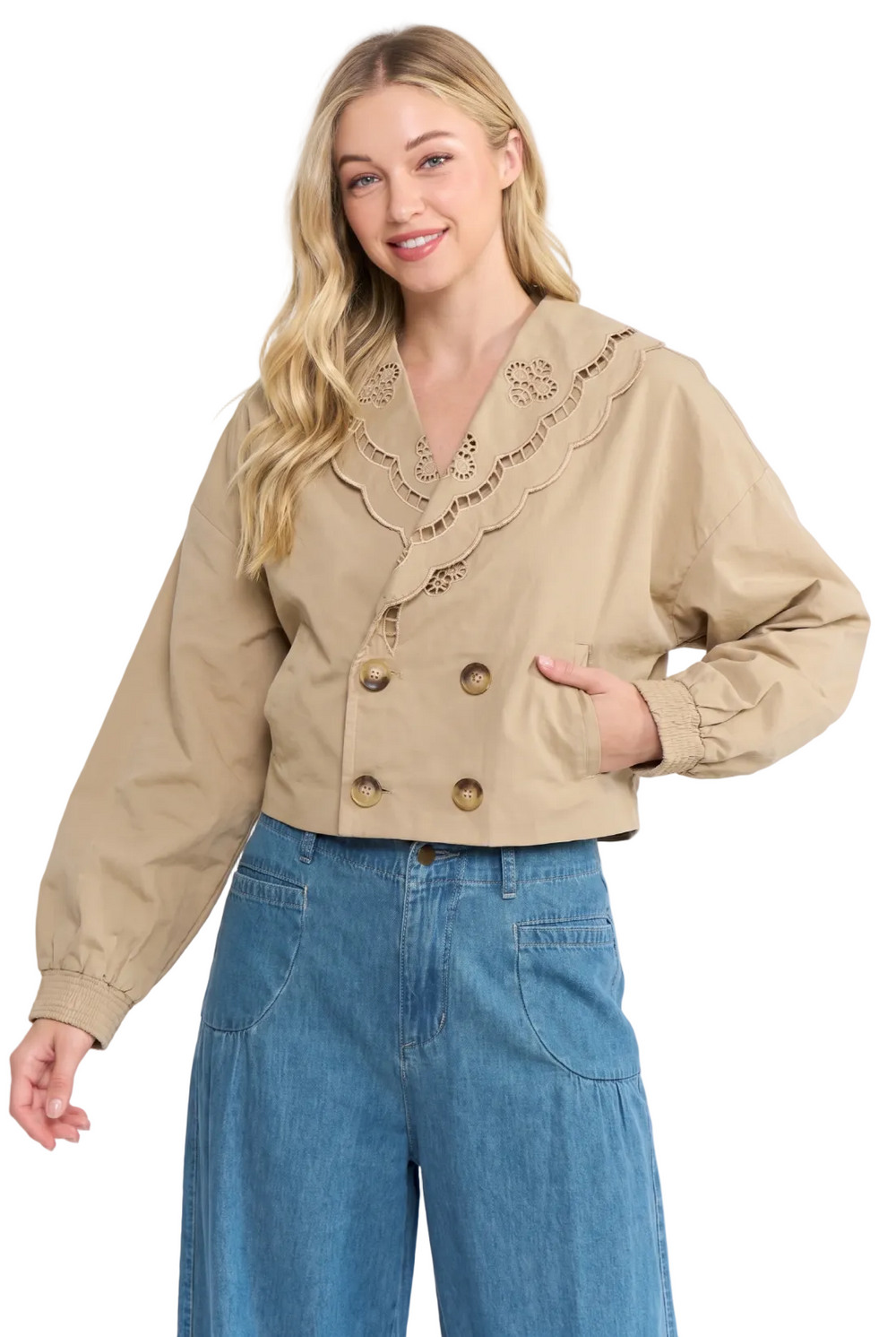 EMBROIDERED DOUBLE-BREASTED CROPPED JACKET