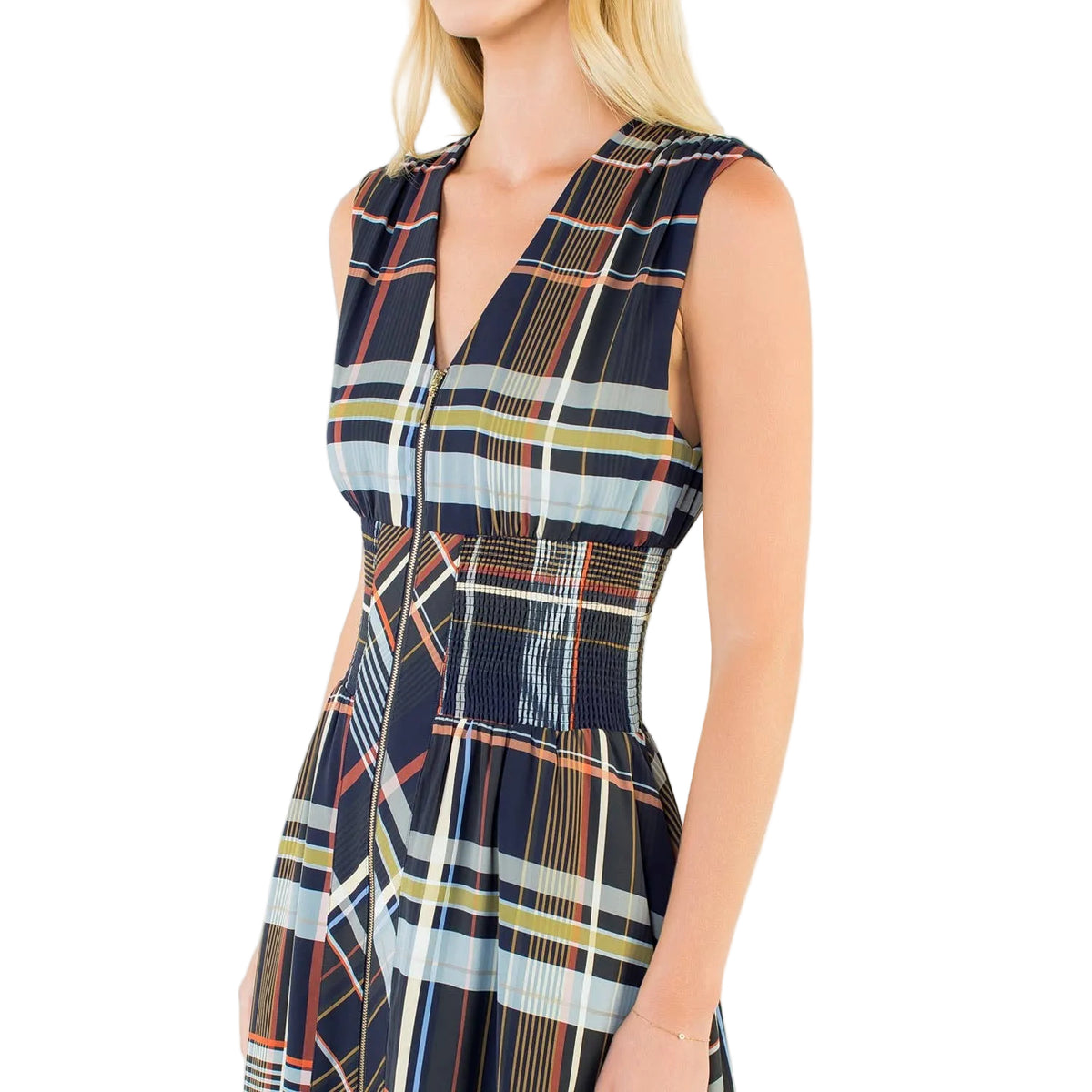 PLAID SLEEVELESS MIDI DRESS WITH ZIP FRONT