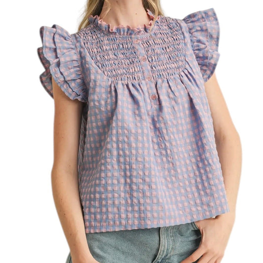 PINK BLUE GINGHAM FLUTTER SLEEVE TOP