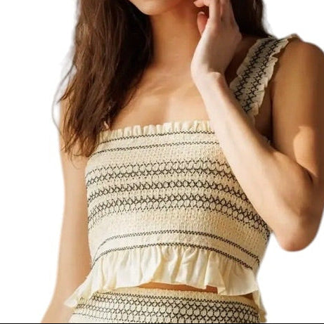 CREAM & BLACK SMOCKED TANK
