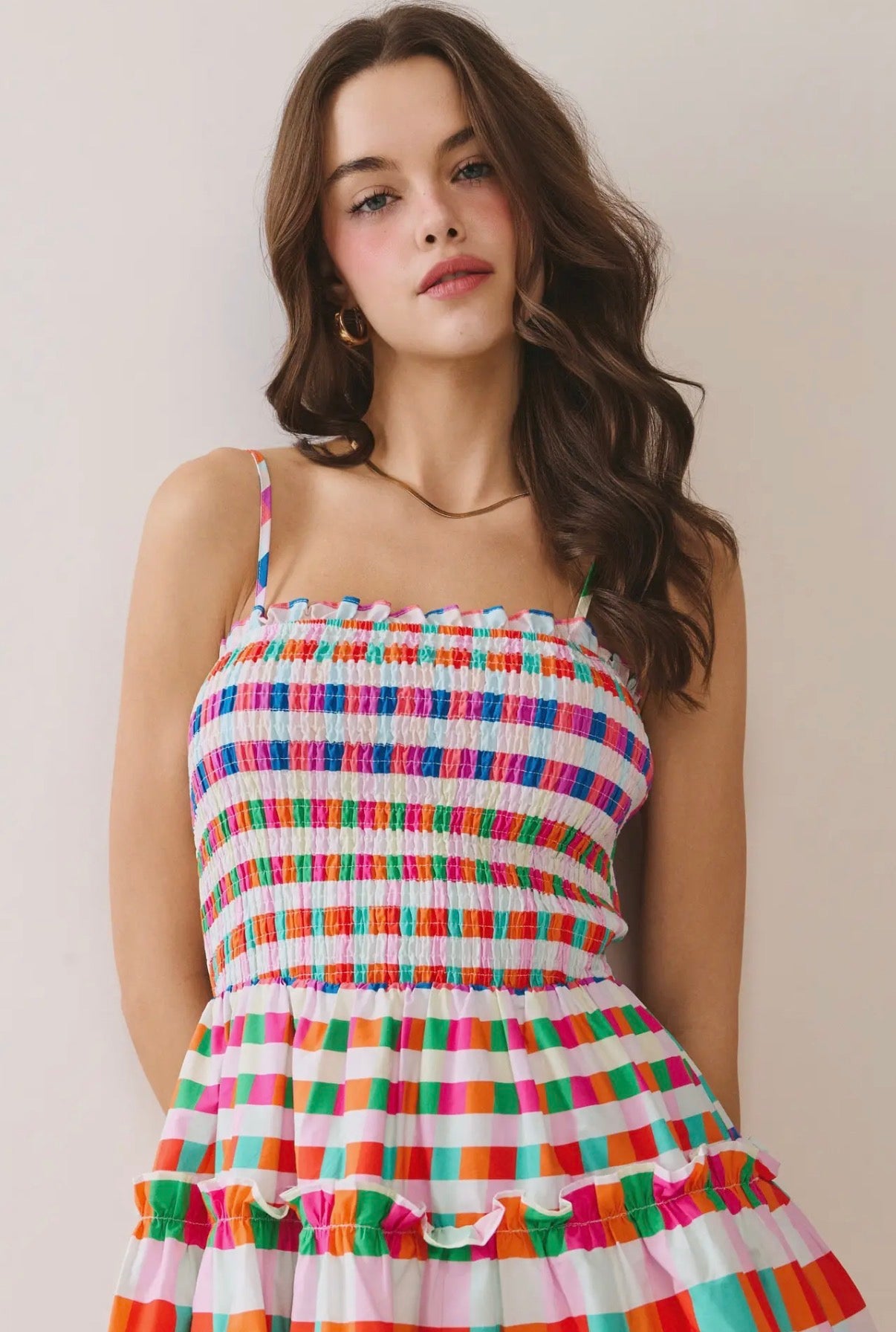 CHECKERED SMOCKED BODICE DRESS