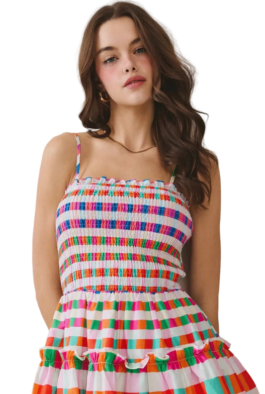 CHECKERED SMOCKED BODICE DRESS