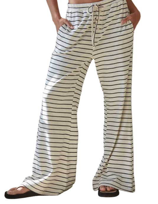 KNIT STRIPED WAIST ELASTIC BAND TIE FLARE PANTS