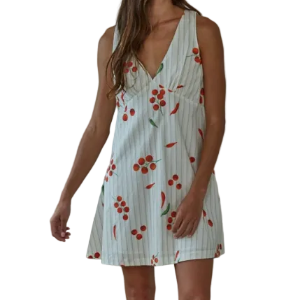 WOVEN COTTON STRIPED VEGGIE PRINT SLEEVELESS MINI