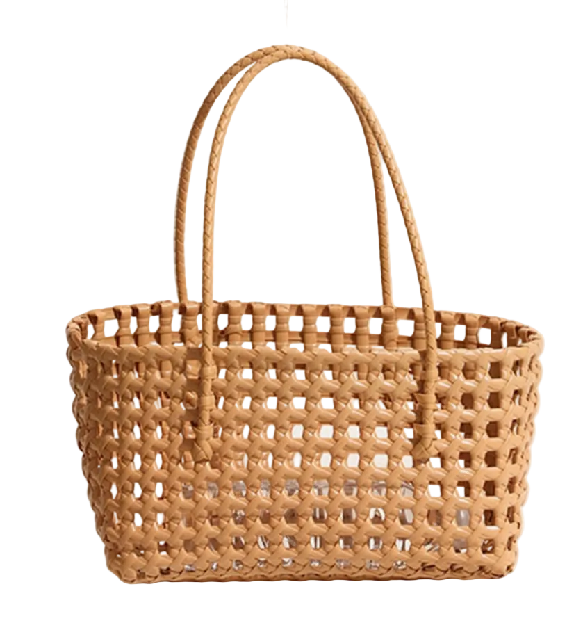 SOLID HOLLOW OUT WOVEN PLASTIC SHOULDER BEACH BAG