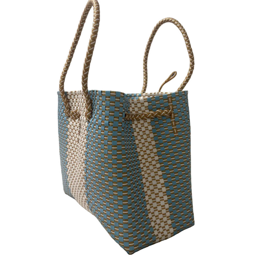 DUCHESS CAPRI DESIGNER TOTE IN AQUA, WHITE & SAND WEAVE