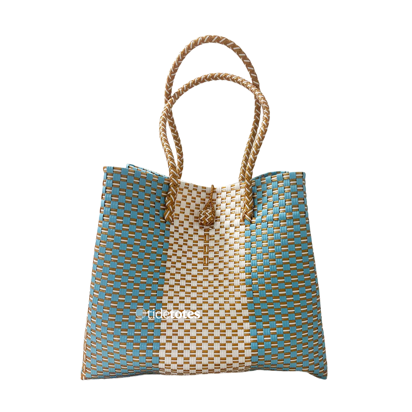 DUCHESS CAPRI DESIGNER TOTE IN AQUA, WHITE & SAND WEAVE