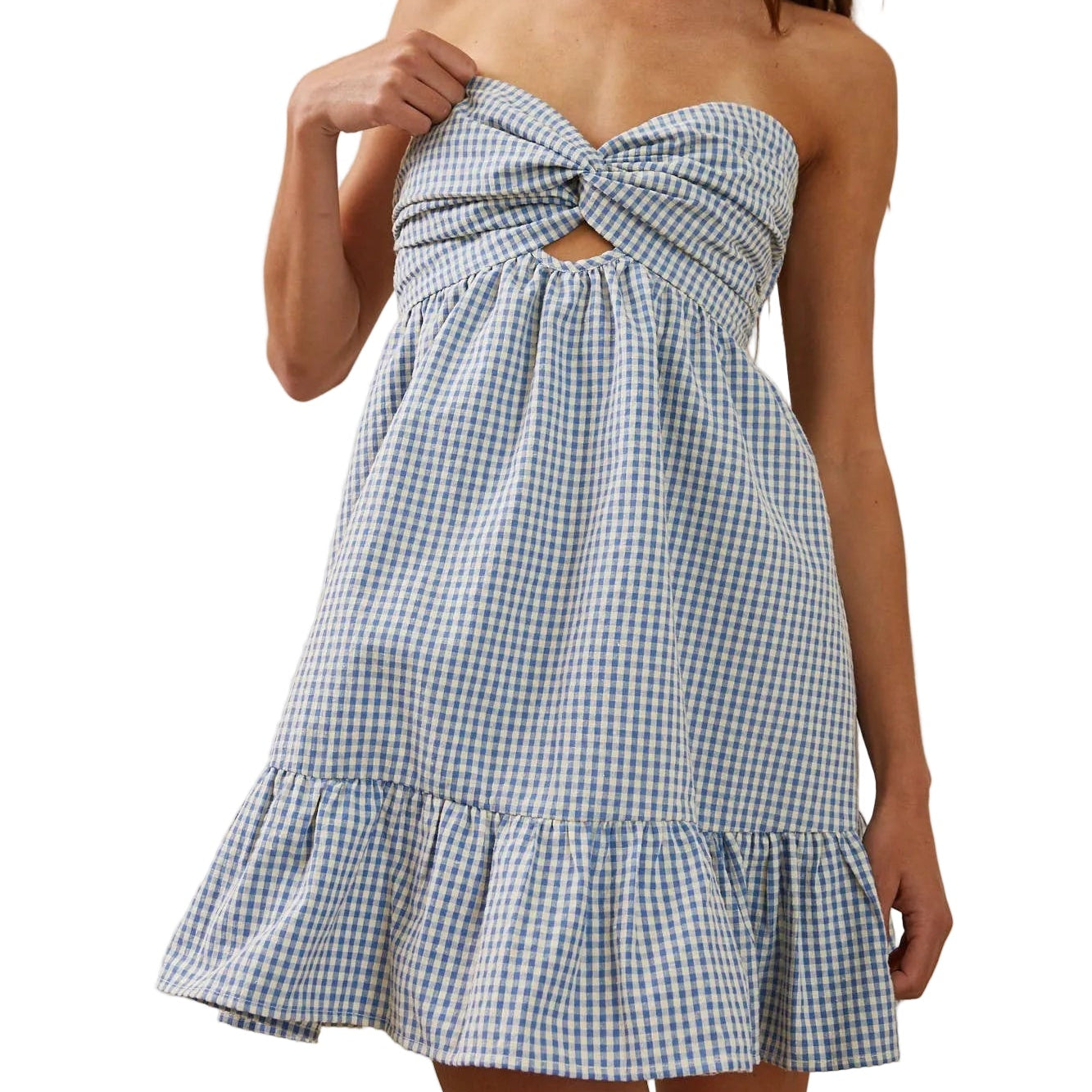 GINGHAM CHECK TWISTED ROMPER FRONT TUBE DRESS
