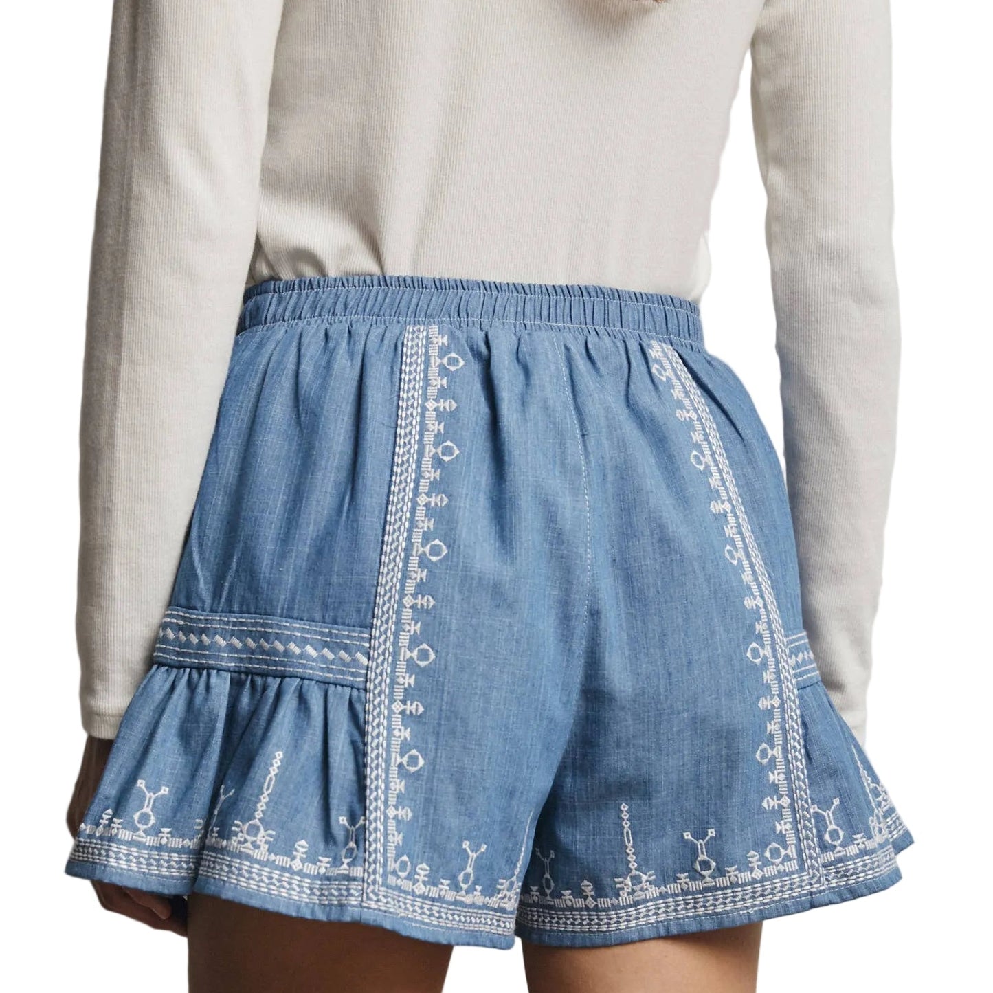 EMBROIDERED RUFFLE HEM SHORTS