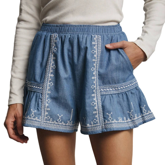 EMBROIDERED RUFFLE HEM SHORTS