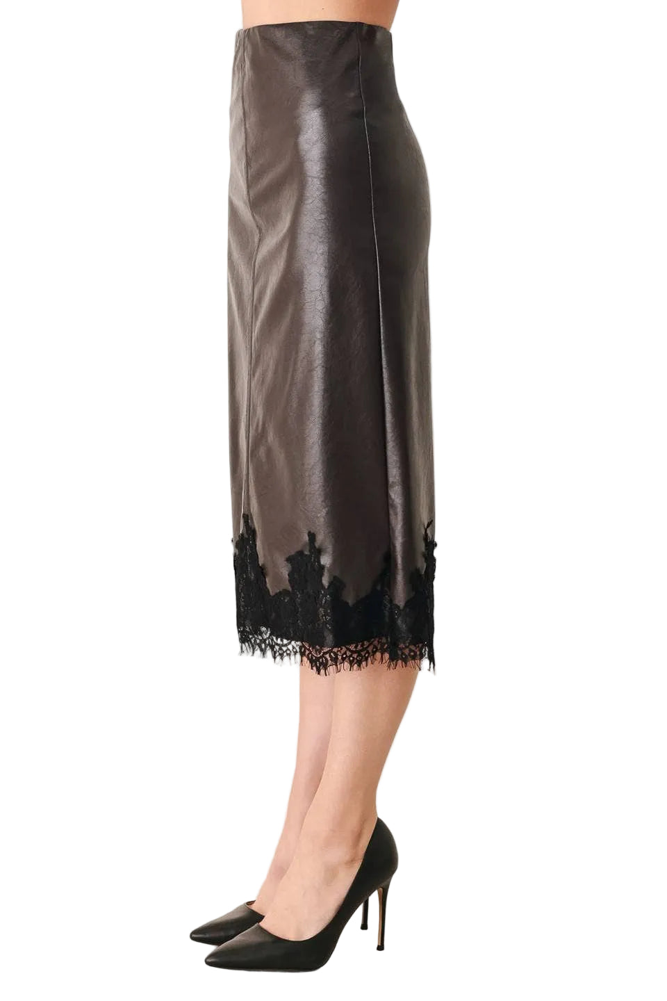 FAUX LEATHER SKIRT WITH LACE HEMLINE