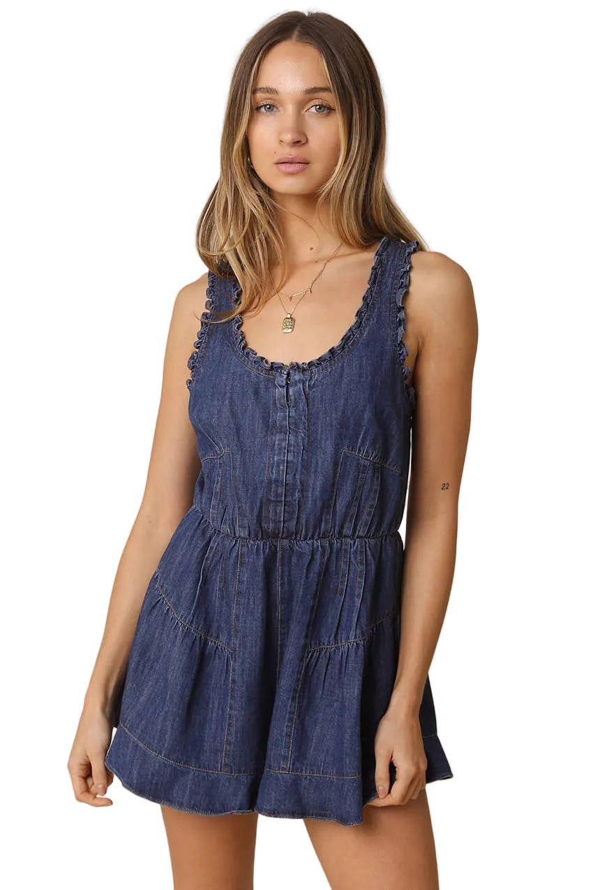 MINA RUFFLE STRAP OPEN-BACK DENIM ROMPER