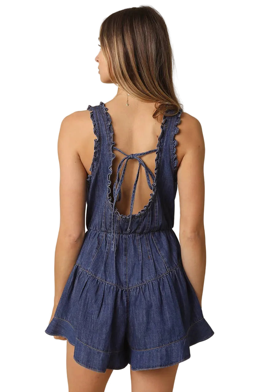MINA RUFFLE STRAP OPEN-BACK DENIM ROMPER