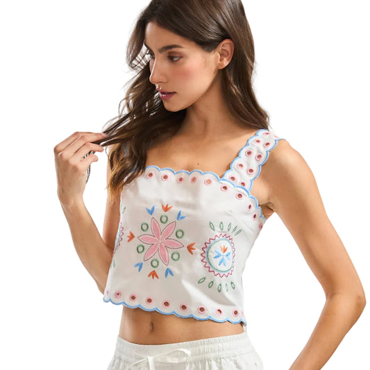 EMBROIDERED EYELET CROPPED SCALLOPED TOP