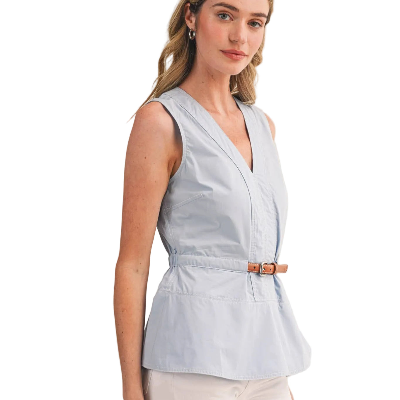 SLEEVELESS BELTED PEPLUM TOP