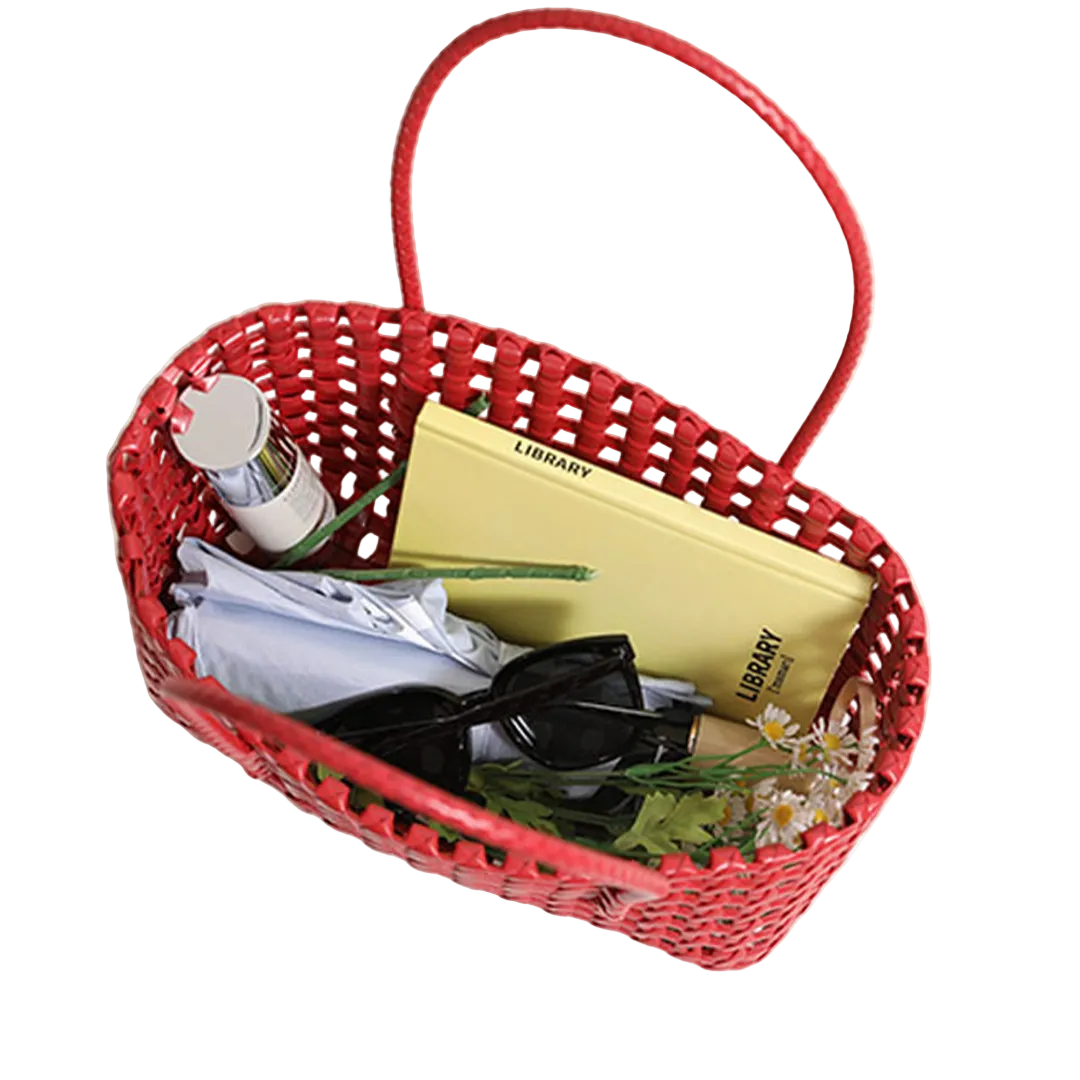 SOLID HOLLOW OUT WOVEN PLASTIC SHOULDER BEACH BAG