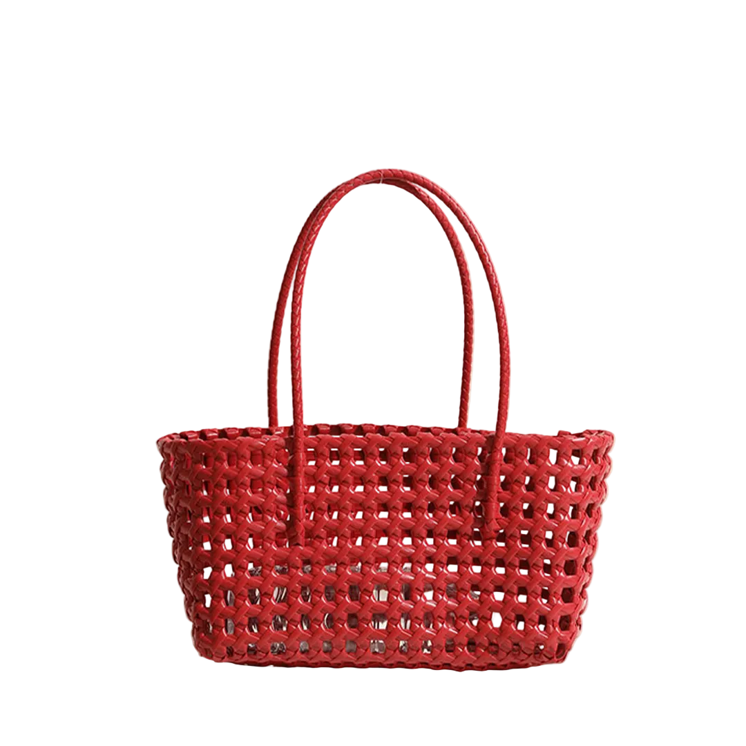 SOLID HOLLOW OUT WOVEN PLASTIC SHOULDER BEACH BAG
