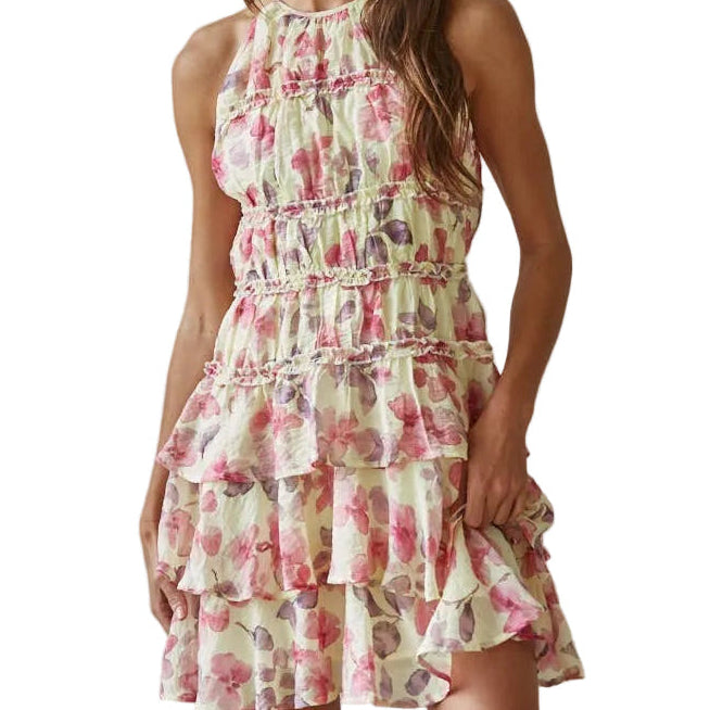 WOVEN TENCEL NYLON FLORAL TIERED RUFFLE HALTER MINI