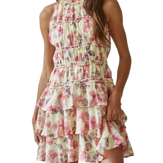 WOVEN TENCEL NYLON FLORAL TIERED RUFFLE HALTER MINI