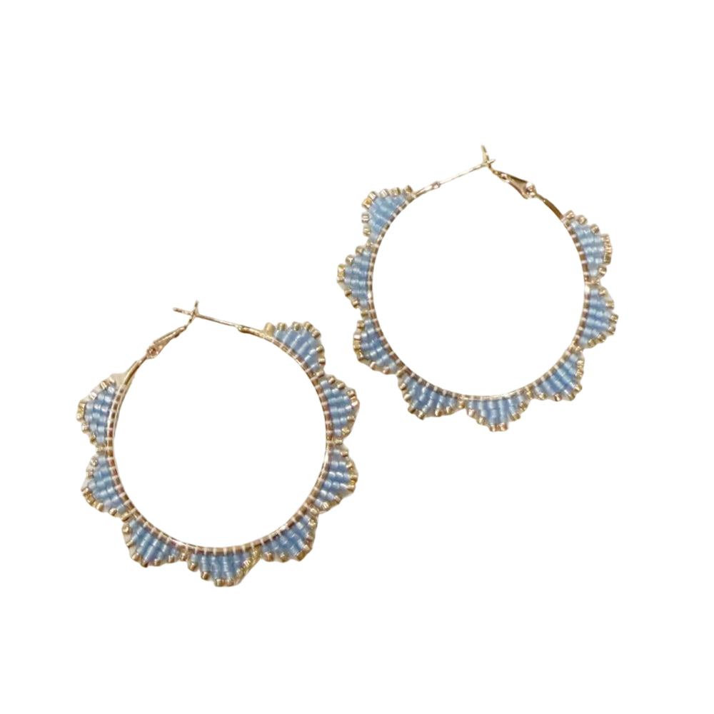 GLASS SEED BEAD SCALLOPED HOOP MIYUKI DELICA EARRINGS BLUE