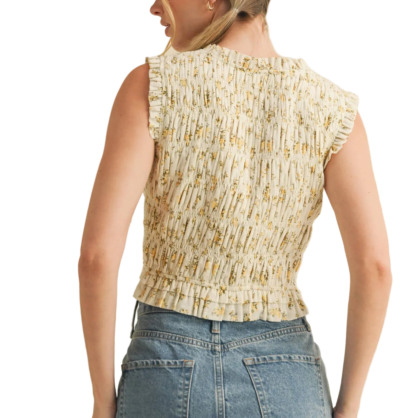 SMOCKED RUFFLE TIE FRONT TOP