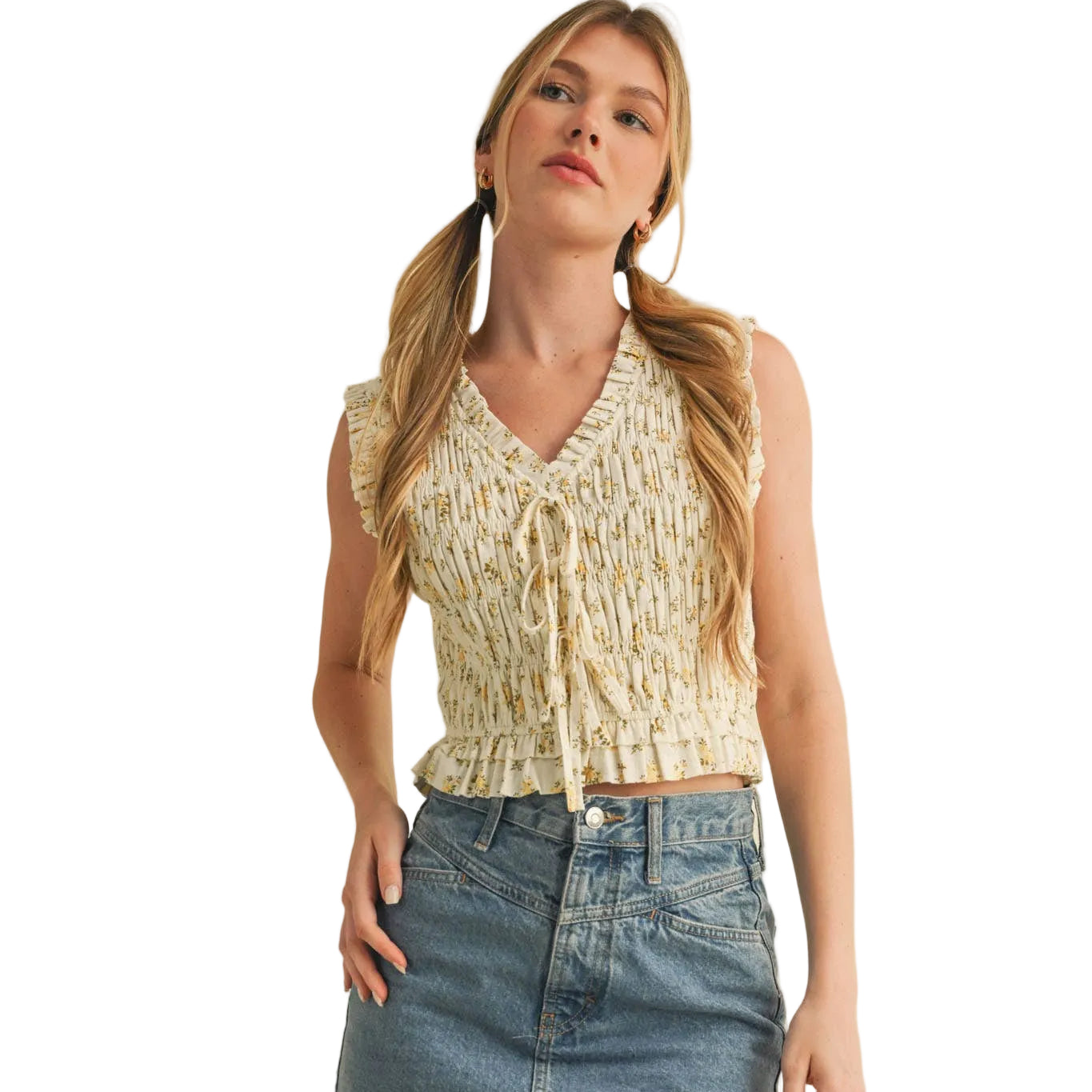 SMOCKED RUFFLE TIE FRONT TOP