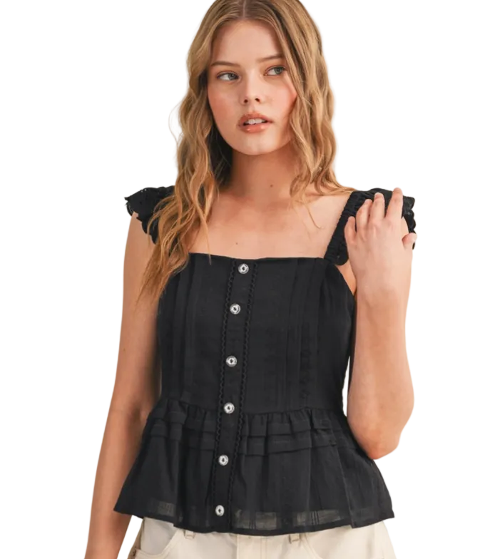 EYELET FLUTTER SLEEVE TOP