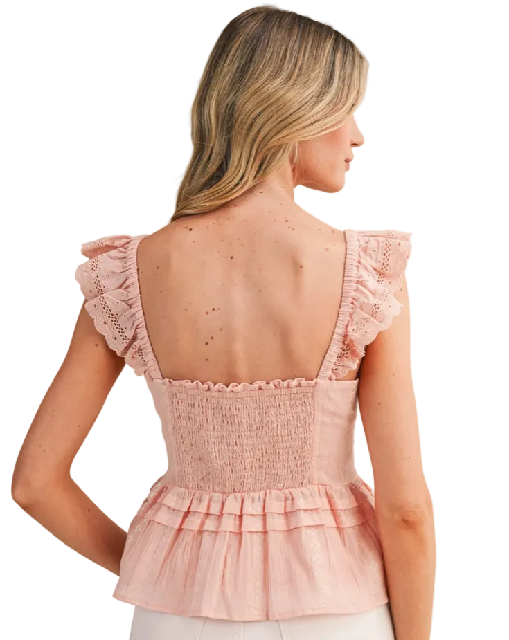 EYELET FLUTTER SLEEVE TOP