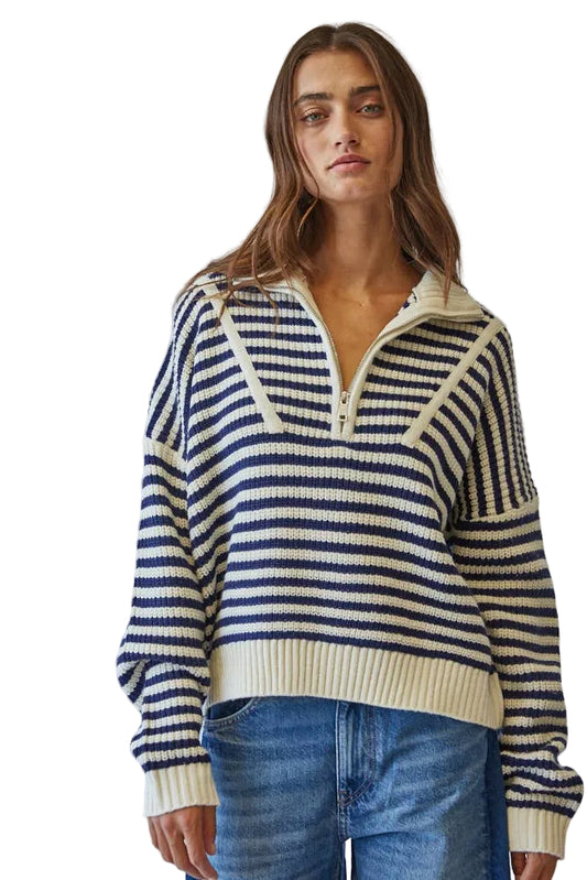 Navy Coastal Half-Zip Striped Sweater