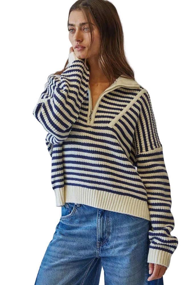 Navy Coastal Half-Zip Striped Sweater