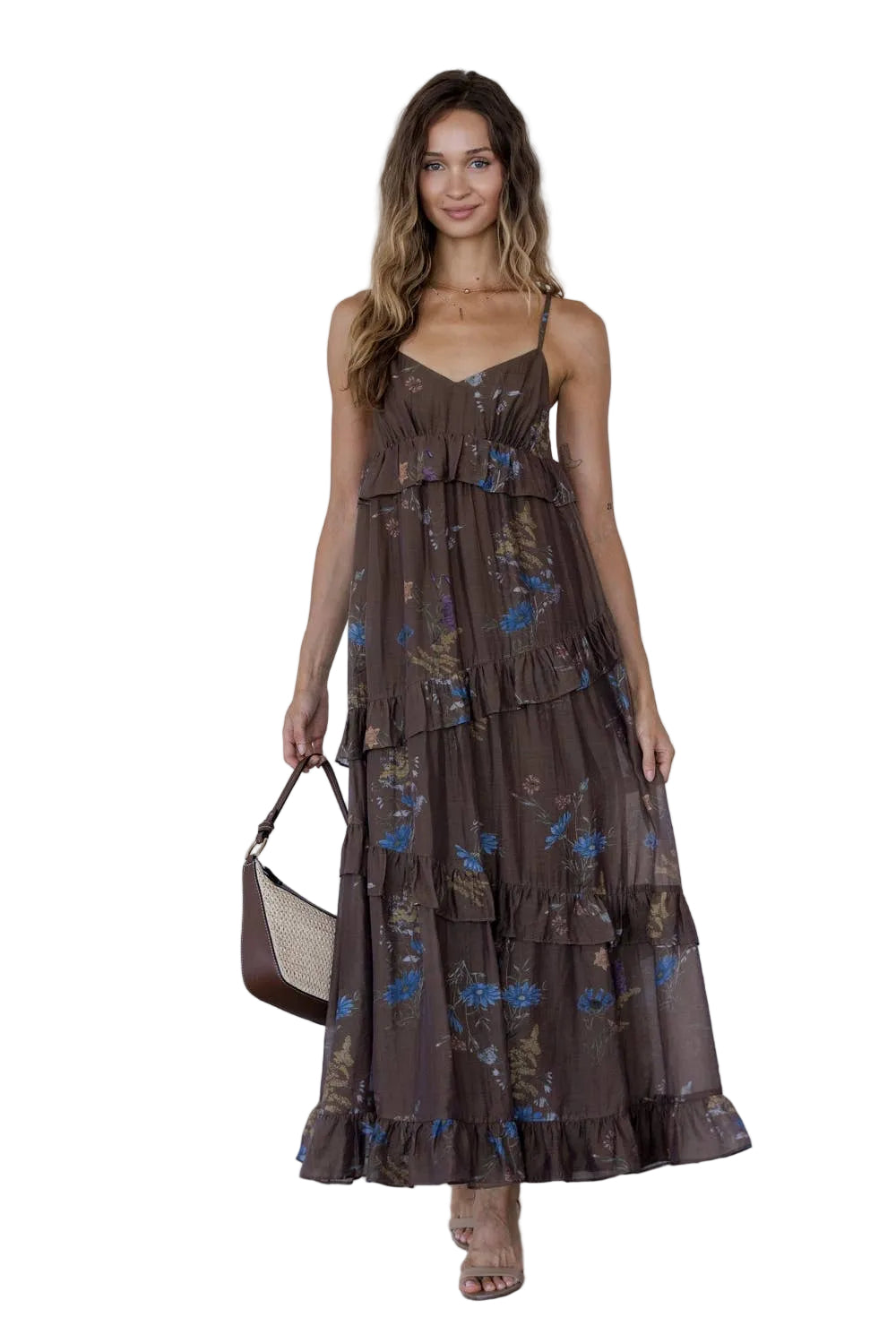 BROWN FLORAL TIERED MAXI DRESS