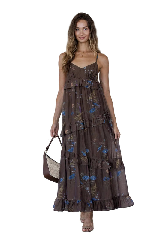 BROWN FLORAL TIERED MAXI DRESS