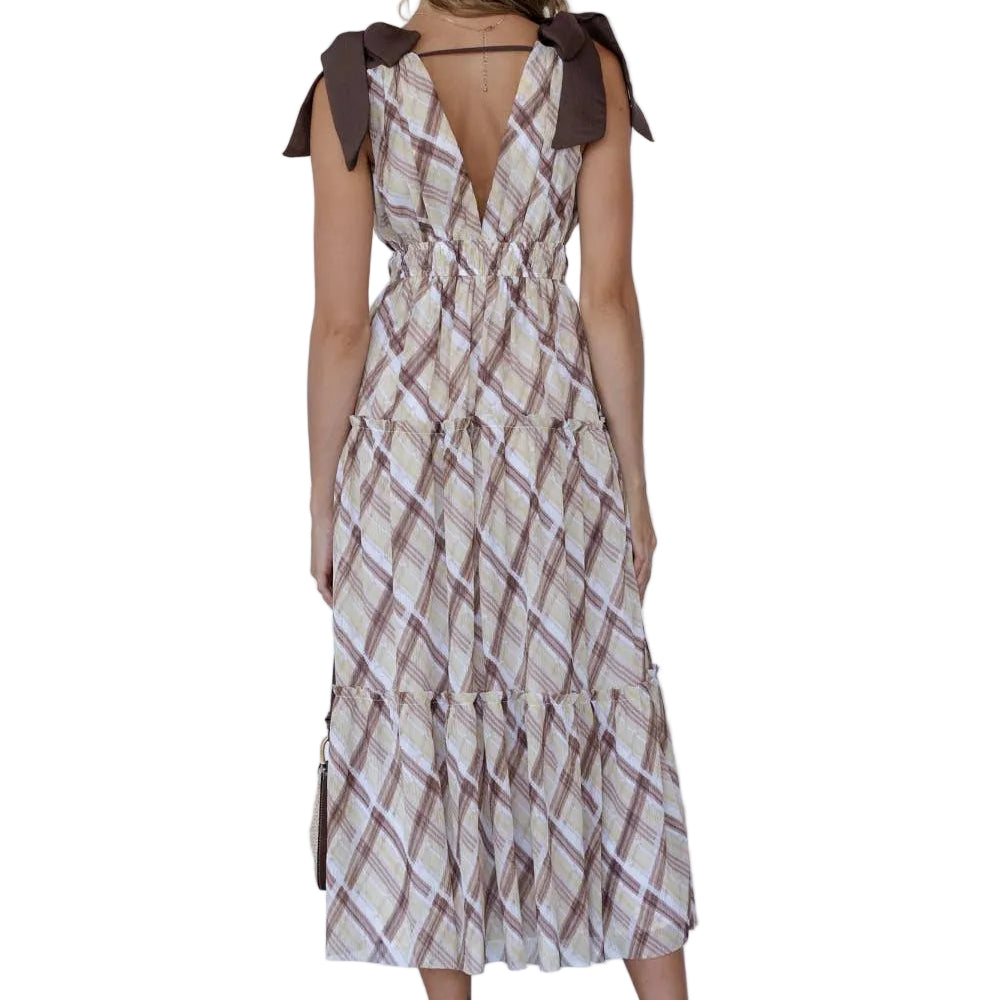 BROWN YELLOW PLAID BOW SHOULDER MAXI DRESS