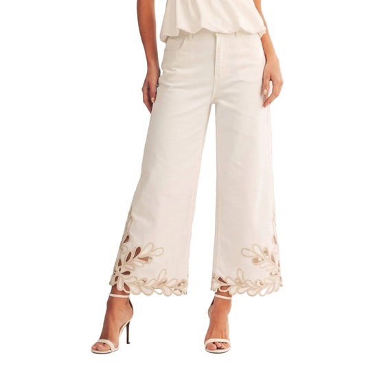 ELEGANT FLORAL EMBROIDERED HEM WIDE LEG PANTS