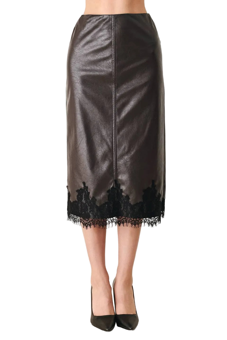 FAUX LEATHER SKIRT WITH LACE HEMLINE