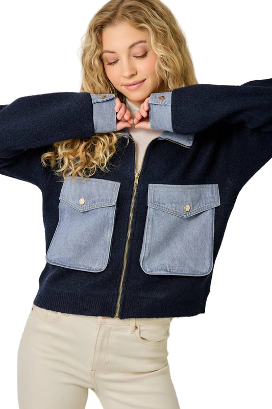 DENIM CONTRAST SWEATER JACKET