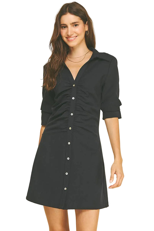 NAVY RUCHED FRONT BUTTON DOWN MINI DRESS