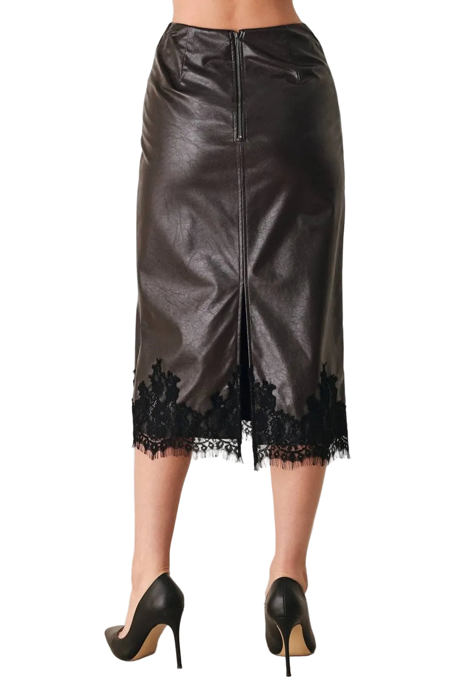 FAUX LEATHER SKIRT WITH LACE HEMLINE