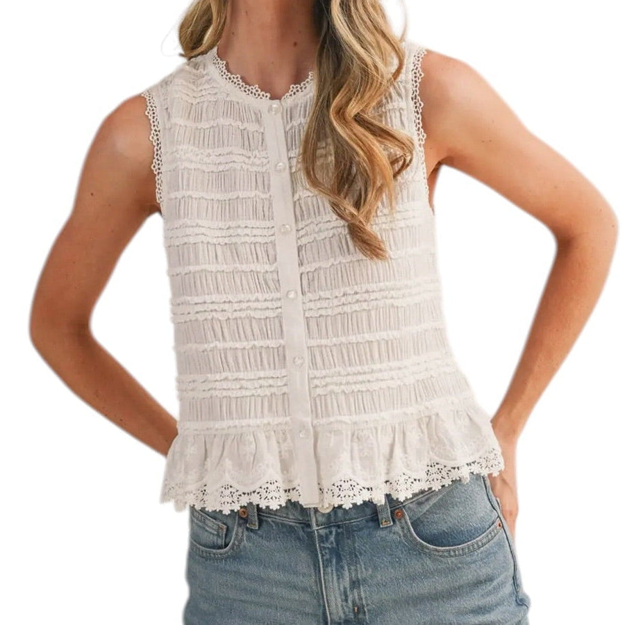 WOVEN COTTON BUTTON DOWN WHITE TOP WITH LACE DETAIL