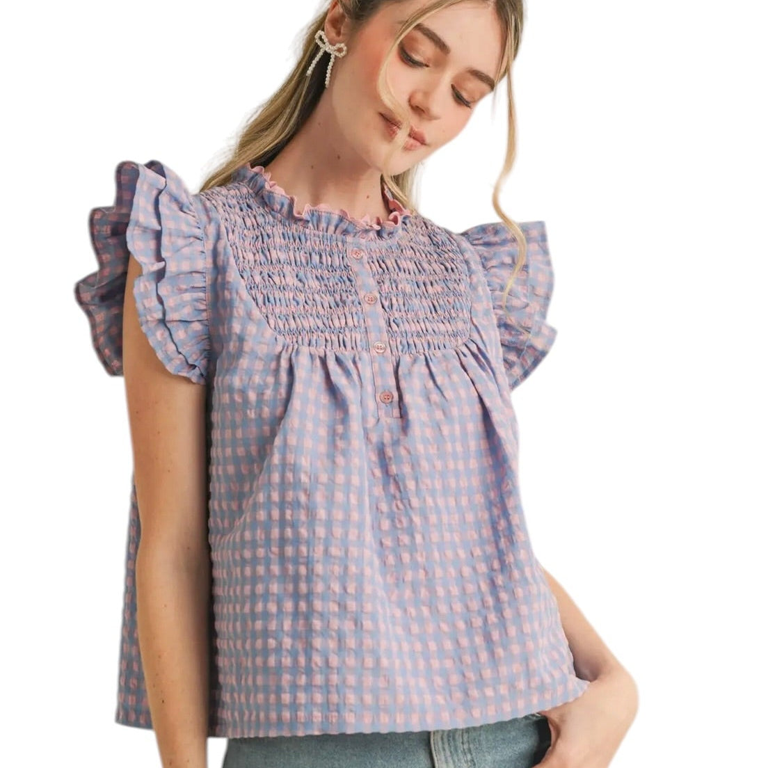 PINK BLUE GINGHAM FLUTTER SLEEVE TOP