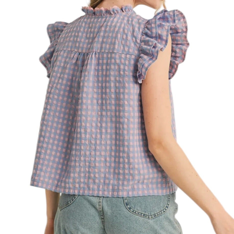 PINK BLUE GINGHAM FLUTTER SLEEVE TOP