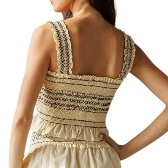 CREAM & BLACK SMOCKED TANK