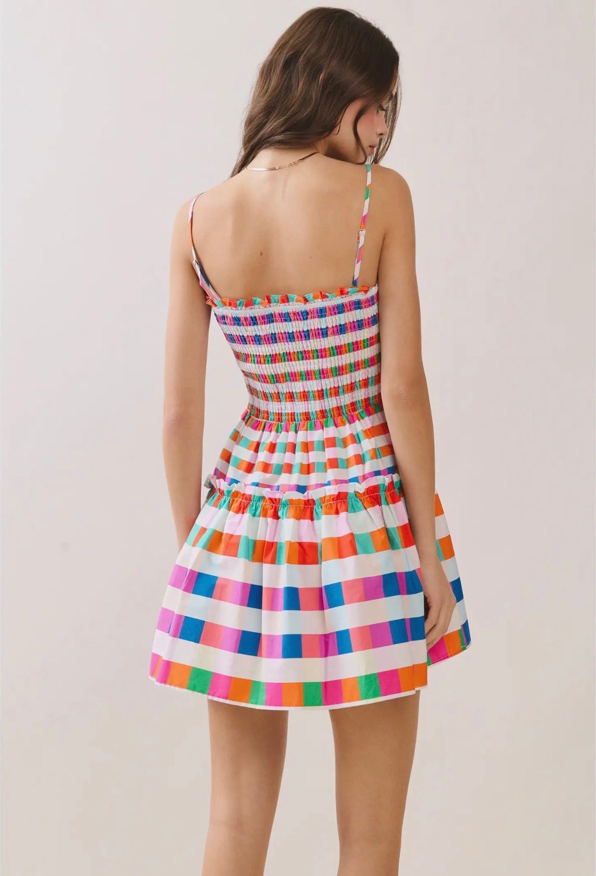CHECKERED SMOCKED BODICE DRESS